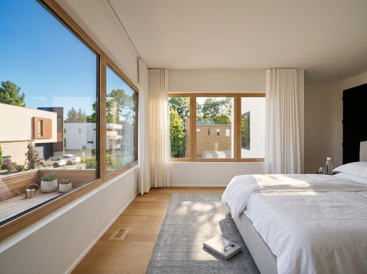 Bright interior with large double glazed windows